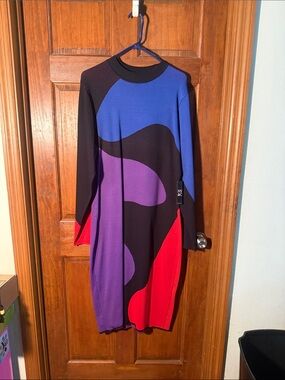 New York & Company Colorblock Long Sleeve Dress in Black, Blue, Purple & Red